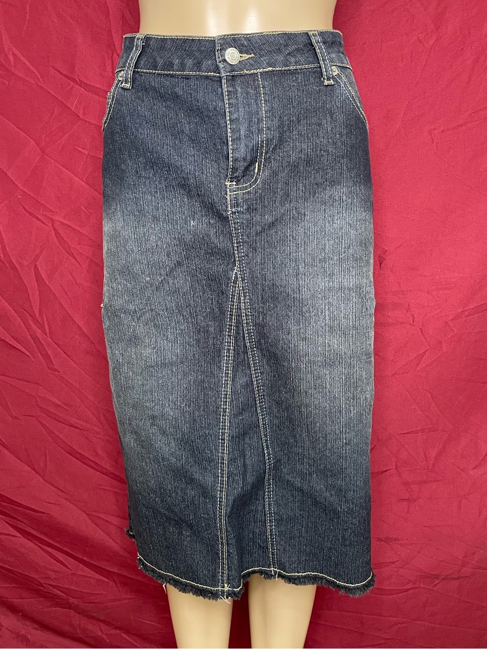 Be-Girl Dark Wash Blue Denim Raw Hem Modest Midi Skirt Size XL NWOT